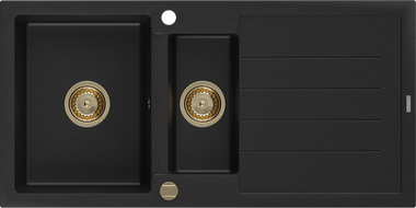 Mexen Andres lavello in granito 1,5 vasche con gocciolatoio 1000 x 500 mm nero, sifone dorato - 6515101510-77-G