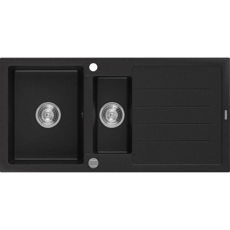 Mexen Andres fregadero de granito de 1,5 senos con escurridor 1000 x 500 mm, negro, sifón cromo - 6515101510-77