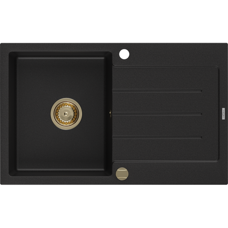 Mexen Bruno évier en granit 1 bac avec égouttoir 795 x 495 mm, noir, siphon doré - 6513791010-77-G