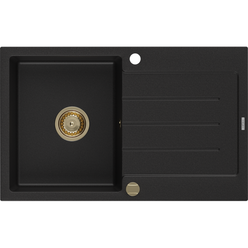 Mexen Bruno fregadero de granito de 1 cubeta con escurridor 795 x 495 mm, negro, sifón dorado - 6513791010-77-G