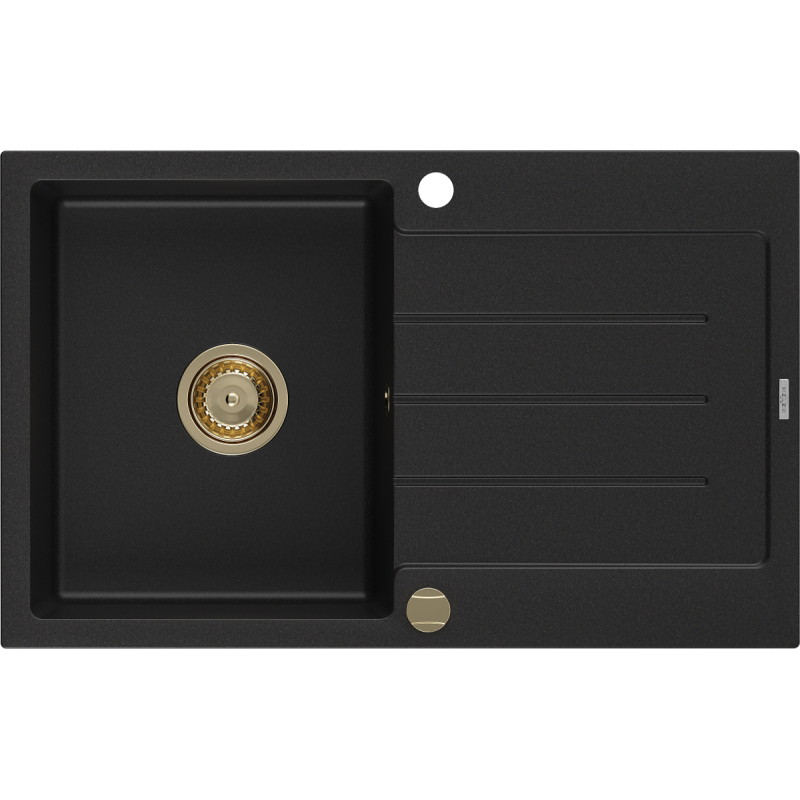 Mexen Bruno granitische spoelbak 1-komoors met afdruiprek 795 x 495 mm, zwart, gouden sifon - 6513791010-77-G