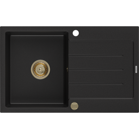 Mexen Bruno évier en granit 1 bac avec égouttoir 795 x 495 mm, noir, siphon doré - 6513791010-77-G
