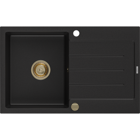 Mexen Bruno fregadero de granito de 1 cubeta con escurridor 795 x 495 mm, negro, sifón dorado - 6513791010-77-G