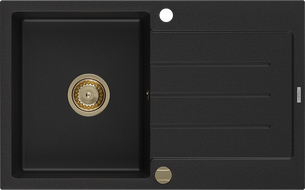 Mexen Bruno granieten spoelbak 1-kompartiment met afdruiprek 795 x 495 mm, zwart, gouden sifon - 6513791010-77-G