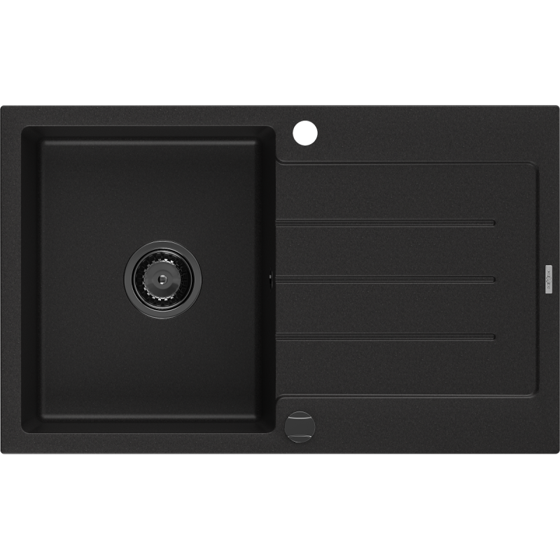 Mexen Bruno lavello in granito 1 vasca con sgocciolatoio 795 x 495 mm, nero, sifone nero - 6513791010-77-B