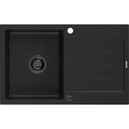 Mexen Bruno Granitspüle, 1-Becken mit Abtropffläche, 795 x 495 mm, schwarz, schwarzer Siphon - 6513791010-77-B