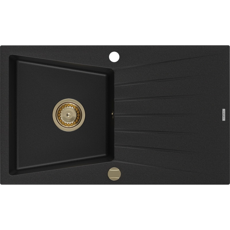 Mexen Cesar granit spoelbak met 1 bak, met afdruiprek 775 x 470 mm, zwart, gouden sifon - 6514771010-77-G