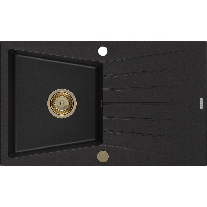 Mexen Cesar granite sink 1-bowl with drainer 775 x 470 mm, black, gold siphon - 6514771010-77-G