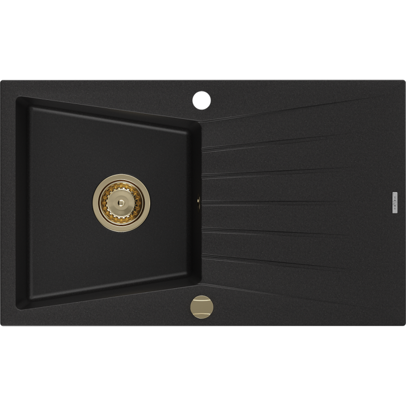 Mexen Cesar lava-louça em granito de uma cuba com escorredor 775 x 470 mm, preto, sifão dourado - 6514771010-77-G