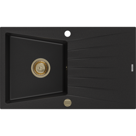 Mexen Cesar évier en granit à 1 bac avec égouttoir 775 x 470 mm, noir, siphon doré - 6514771010-77-G