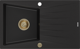 Mexen Cesar granieten spoelbak 1-komors met afdruiprek 775 x 470 mm, zwart, gouden sifon - 6514771010-77-G