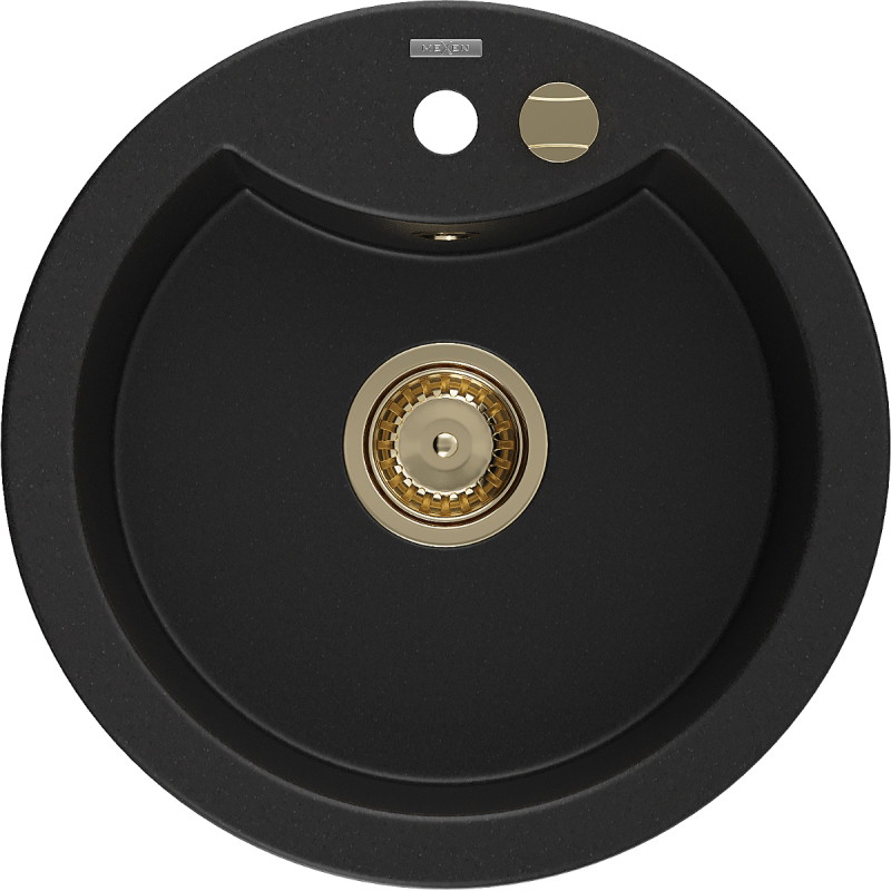 Mexen Diego fregadero de granito de 1 seno 488 x 480 mm, negro, sifón dorado - 6512481000-77-G