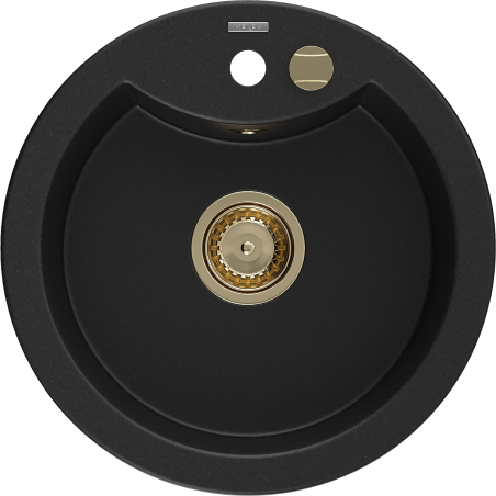 Mexen Diego fregadero de granito de 1 compartimento 488 x 480 mm, negro, sifón dorado - 6512481000-77-G