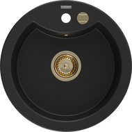 Mexen Diego fregadero de granito de 1 compartimento 488 x 480 mm, negro, sifón dorado - 6512481000-77-G