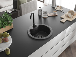 Mexen Diego évier en granit 1-bac 488 x 480 mm, noir moucheté, siphon noir - 6512481000-76-B