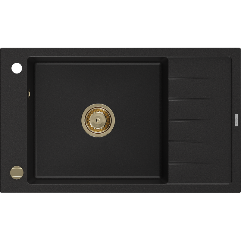 Mexen Elias évier en granit à 1 bac avec égouttoir 795 x 480 mm, noir, siphon doré - 6511791005-77-G