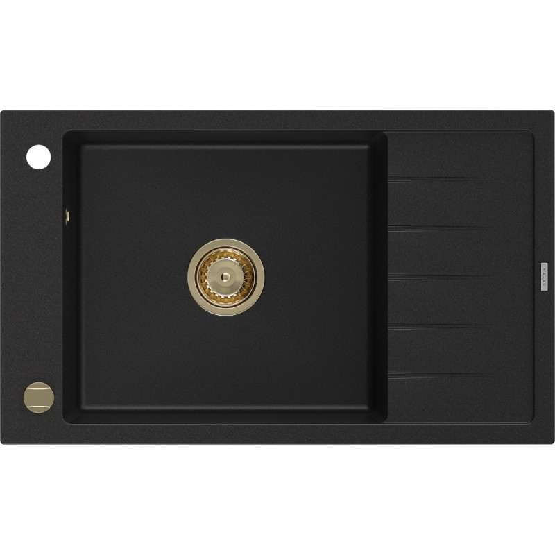 Mexen Elias granit gootsteen 1-bak met afdruiprek 795 x 480 mm, zwart, gouden sifon - 6511791005-77-G