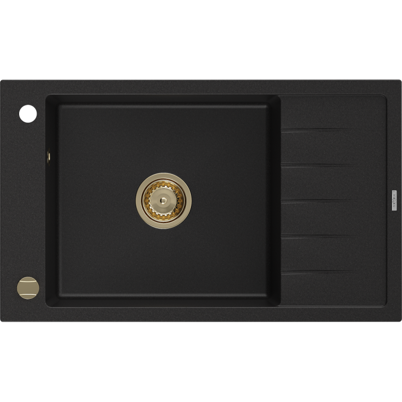 Mexen Elias Granitspüle 1-beckig mit Abtropffläche 795 x 480 mm, schwarz, goldener Siphon - 6511791005-77-G