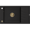 Mexen Elias Granitspüle 1-beckig mit Abtropffläche 795 x 480 mm, schwarz, goldener Siphon - 6511791005-77-G