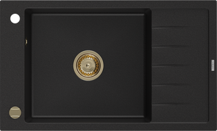 Mexen Elias granieten spoelbak 1-kamer met afdruiprek 795 x 480 mm, zwart, gouden sifon - 6511791005-77-G