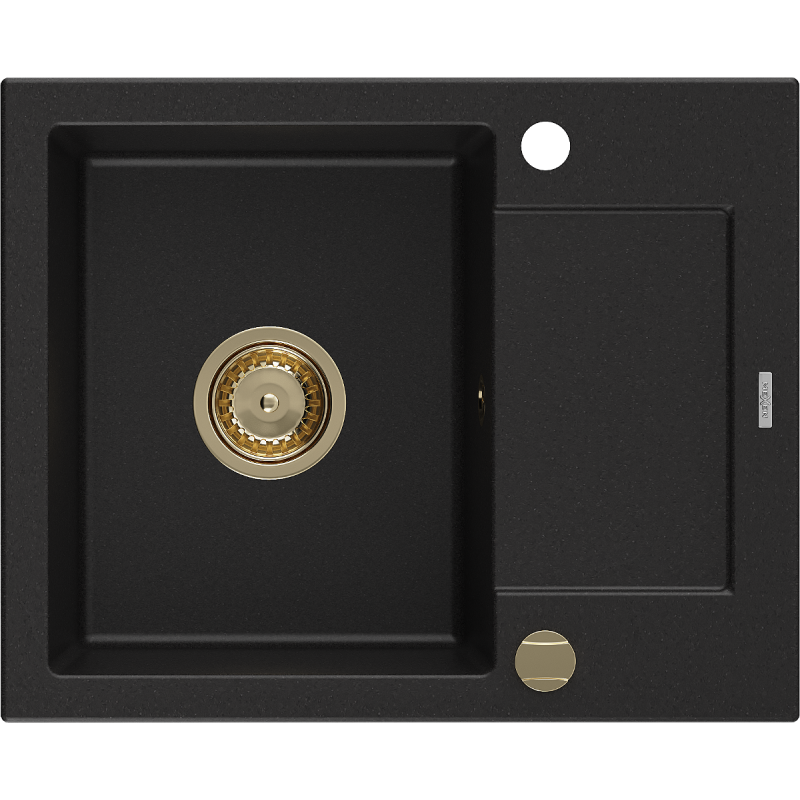 Mexen Enzo fregadero de granito de 1 cubeta con escurridor 576 x 465 mm, negro, sifón dorado - 6506571005-77-G