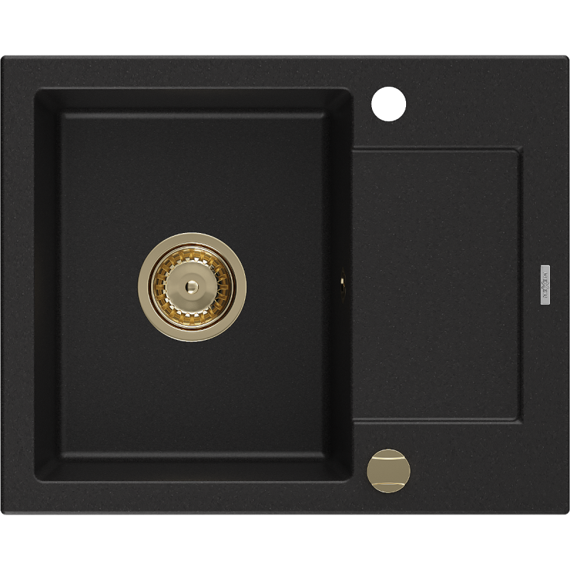 Mexen Enzo Granitspüle 1-Becken mit Abtropffläche 576 x 465 mm, schwarz, goldener Siphon - 6506571005-77-G