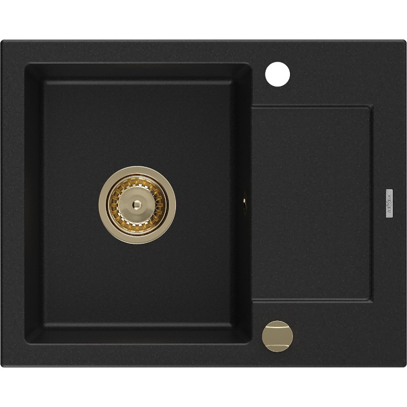 Mexen Enzo Granitspüle 1-beckig mit Abtropffläche 576 x 465 mm, schwarz, Siphon gold - 6506571005-77-G