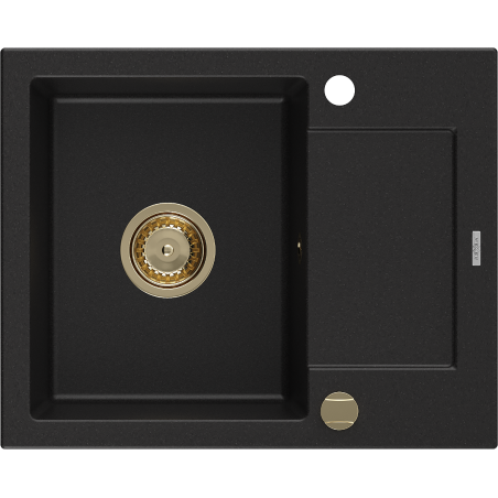 Mexen Enzo fregadero de granito de 1 cubeta con escurridor 576 x 465 mm, negro, sifón dorado - 6506571005-77-G