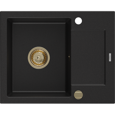 Mexen Enzo Granitspüle 1-Becken mit Abtropffläche 576 x 465 mm, schwarz, goldener Siphon - 6506571005-77-G