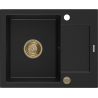 Mexen Enzo fregadero de granito de 1 cubeta con escurridor 576 x 465 mm, negro, sifón dorado - 6506571005-77-G