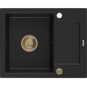 Mexen Enzo lava-louça de granito de 1 cuba com escorredor 576 x 465 mm, preto, sifão dourado - 6506571005-77-G