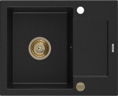 Mexen Enzo Granitspüle 1-Becken mit Abtropffläche 576 x 465 mm, schwarz, goldener Siphon - 6506571005-77-G