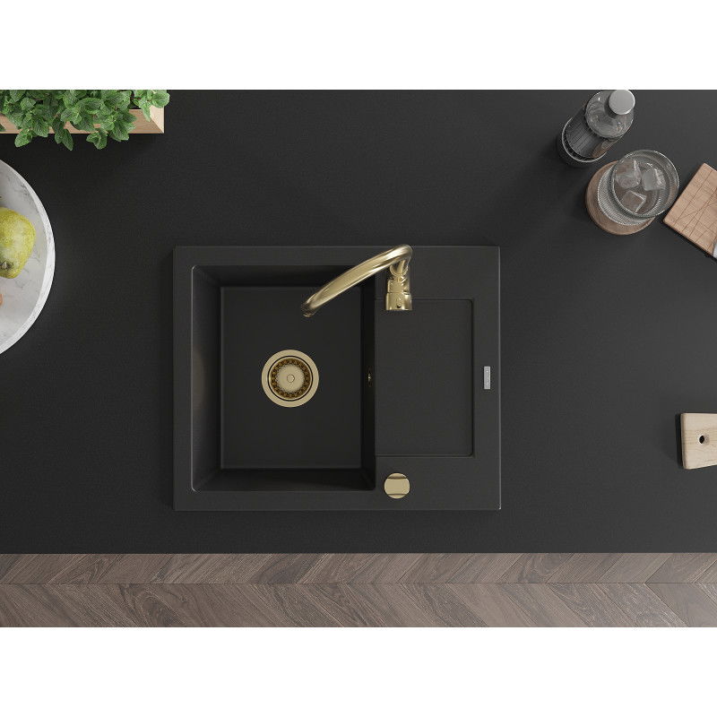 Mexen Enzo granieten spoelbak 1-komers met afdruiprek 576 x 465 mm, zwart, gouden sifon - 6506571005-77-G