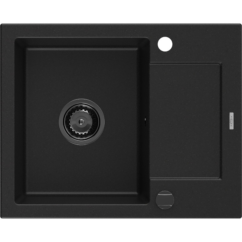 Mexen Enzo Évier de cuisine en granit 1 bac avec égouttoir 576 x 465 mm, noir, siphon noir - 6506571005-77-B