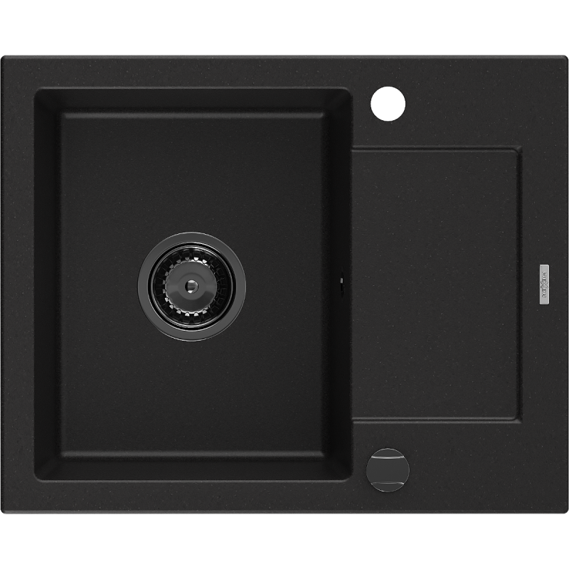 Mexen Enzo granite kitchen sink 1-bowl with drainer 576 x 465 mm, black, black siphon - 6506571005-77-B