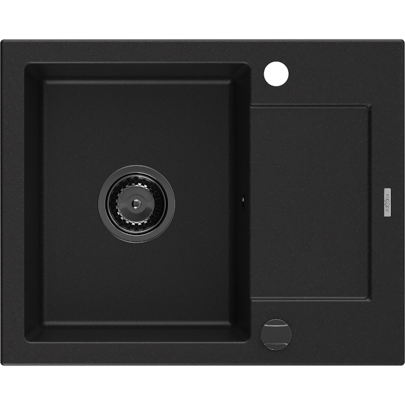 Mexen Enzo lavello in granito a 1 vasca con sgocciolatoio 576 x 465 mm, nero, sifone nero - 6506571005-77-B
