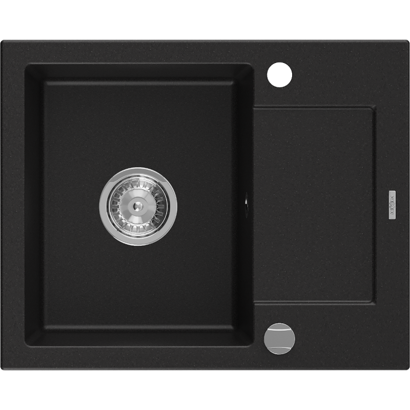 Mexen Enzo fregadero de granito de 1 cubeta con escurridor 576 x 465 mm, negro, sifón cromado - 6506571005-77
