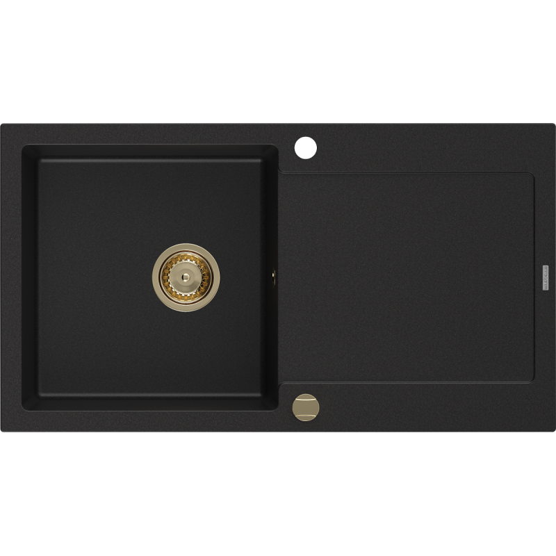 Mexen Leo évier de cuisine en granit à 1 bac avec égouttoir 900 x 500 mm, noir, siphon doré - 6501901010-77-G