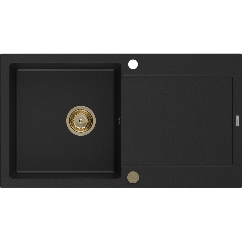 Mexen Leo Granitspüle 1-Becken mit Abtropffläche 900 x 500 mm, schwarz, goldener Siphon - 6501901010-77-G