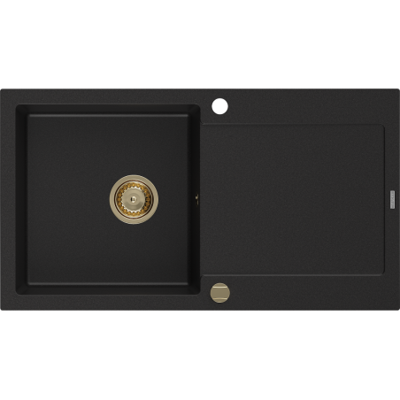 Mexen Leo évier de cuisine en granit à 1 bac avec égouttoir 900 x 500 mm, noir, siphon doré - 6501901010-77-G