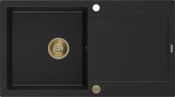Mexen Leo lavello in granito 1 vasca con sgocciolatoio 900 x 500 mm, nero, sifone dorato - 6501901010-77-G