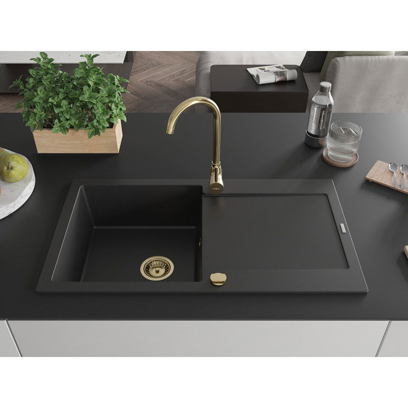 Mexen Leo fregadero de granito de 1 cámara con escurridor 900 x 500 mm, negro, sifón dorado - 6501901010-77-G