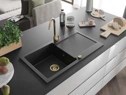 Mexen Leo granieten gootsteen 1-komor met afdruiprek 900 x 500 mm, zwart, gouden sifon - 6501901010-77-G