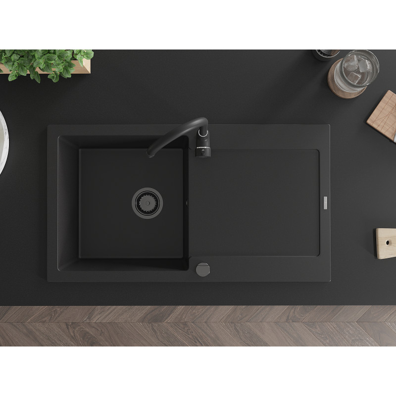 Mexen Leo évier en granit à 1 bac avec égouttoir 900 x 500 mm, noir, siphon noir - 6501901010-77-B