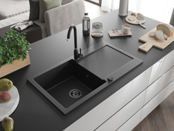 Mexen Leo 1-bowl granite sink with drainer 900 x 500 mm, black, black siphon - 6501901010-77-B