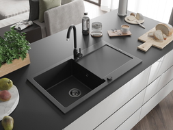 Mexen Leo granieten gootsteen 1-komers met afdruiprek 900 x 500 mm, zwart, zwarte sifon - 6501901010-77-B