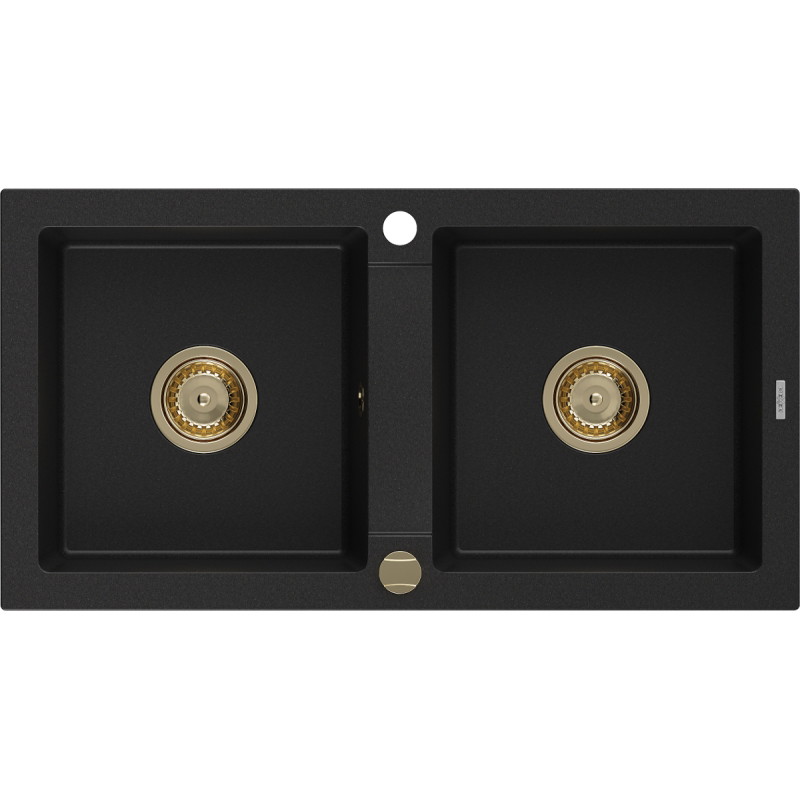 Mexen Mario granitische gootsteen met 2 compartimenten 820 x 436 mm, zwart, gouden sifon - 6504822000-77-G