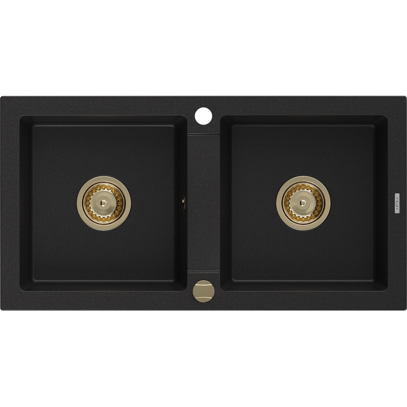 Mexen Mario Granitspüle 2-Kammer 820 x 436 mm, schwarz, goldener Siphon - 6504822000-77-G