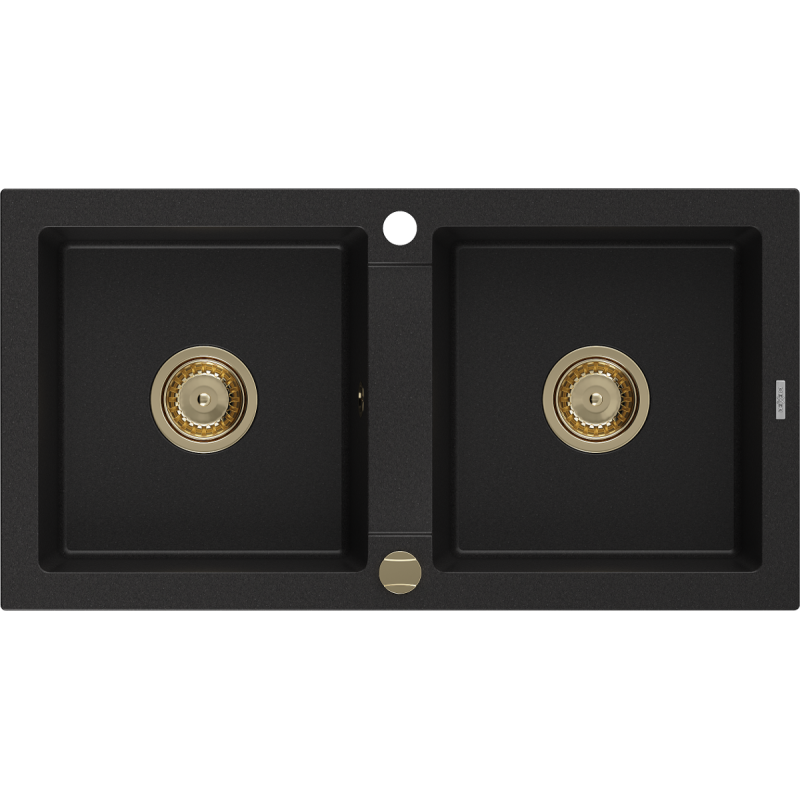 Mexen Mario lavello in granito a 2 vasche 820 x 436 mm, nero, sifone dorato - 6504822000-77-G