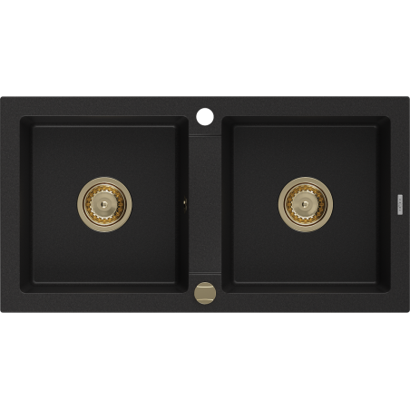 Mexen Mario 2-kompartement granieten gootsteen 820 x 436 mm, zwart, gouden sifon - 6504822000-77-G